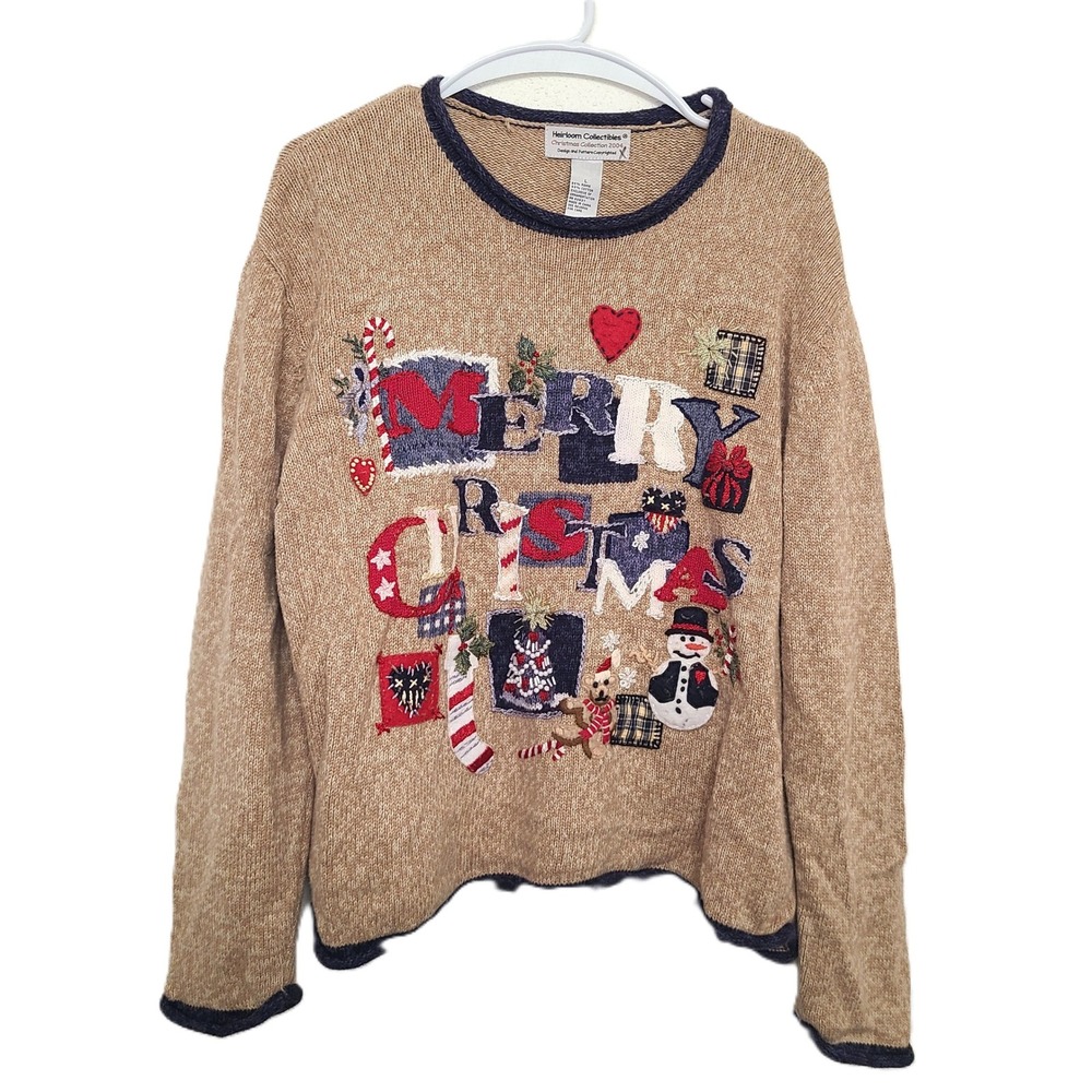 Vtg Y2K Heirloom Collectibles 2004 LARGE Christmas Holiday Sweater Embroidered L